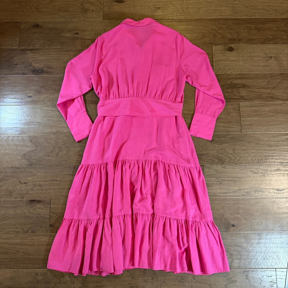 Kobi Halperin Pink Tencel Linen Tiered Midi Shirt Dress XL Hot Pink Long‎ Slv - Picture 5 of 8